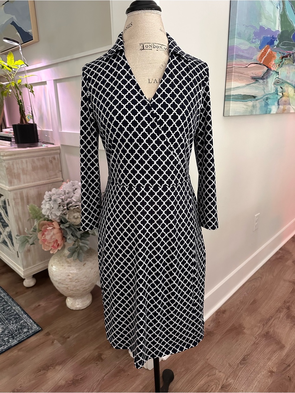 Brooks Brothers Navy & White Geometric Print Collared Sheath Dress Sz XS